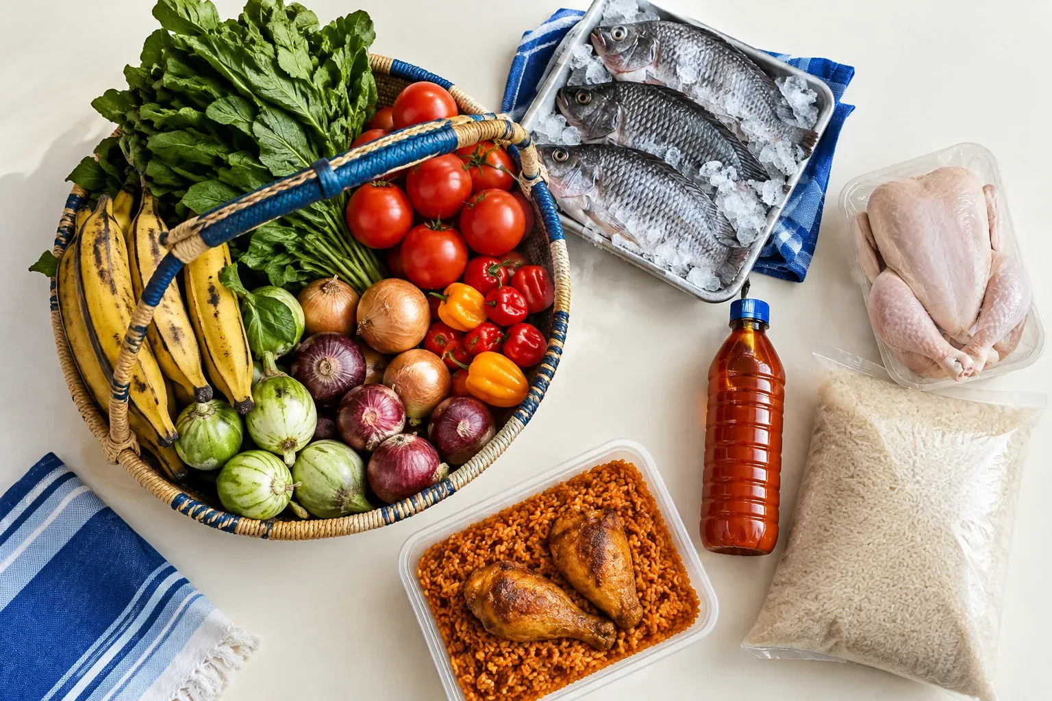 A top-down spread of a Harbour Price shop: fish on ice, a whole chicken, a basket of plantain, tomatoes, onions and greens, rice, palm oil and a jollof pack