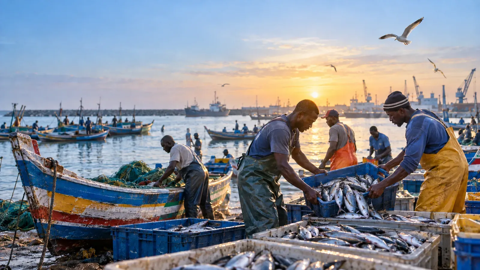Fishermen unloading crates of fresh fish from their canoes at the harbour at dawn