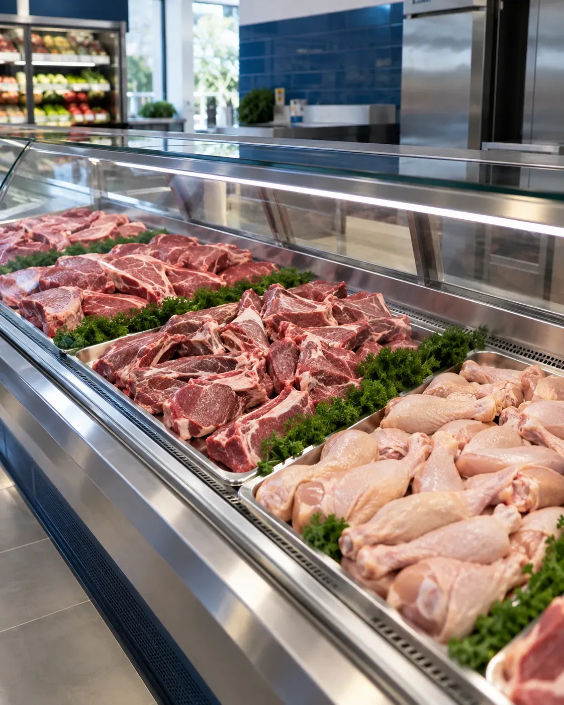 A long chilled counter of fresh beef and chicken portions